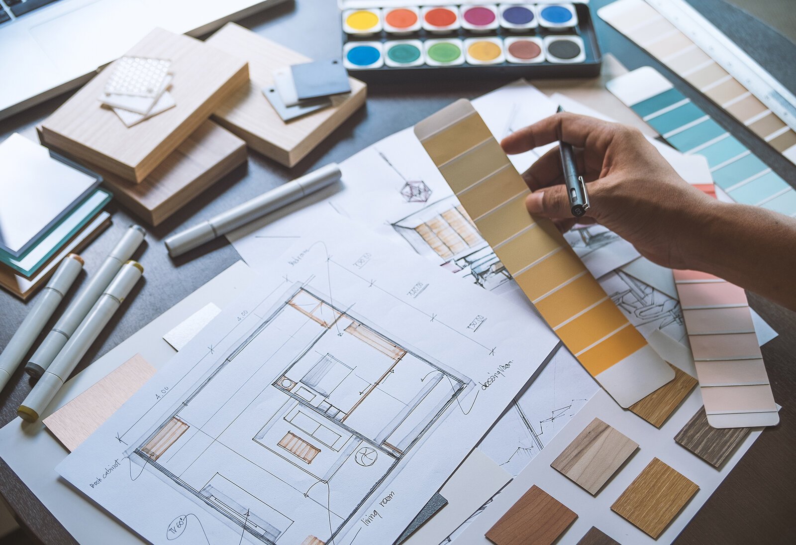 Interior design swatches, floor plan sketches, and color samples